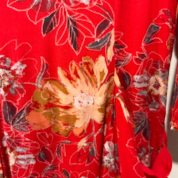 Free People Coral-Red Floral High-Low V-Neck Dress - Picture 8 of 13